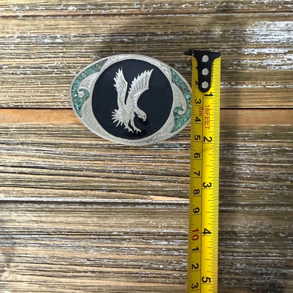 Vintage Western Eagle Belt Buckle Turquoise Chip Inlay Black Onyx Style Oval